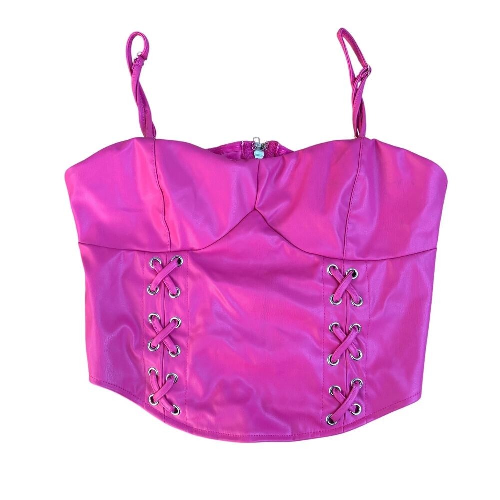 Jolie & Joy Hot Pink Faux Leather Corset Top –‎ Lace-Up Sides – Y2K Style – M - Picture 2 of 6
